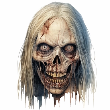 photorealistic scary evil face of a female zombie looking head on, no eyes, missing teeth, watercolor, ultra high-detail, dark outlines, hyperrealism, white background, clipart