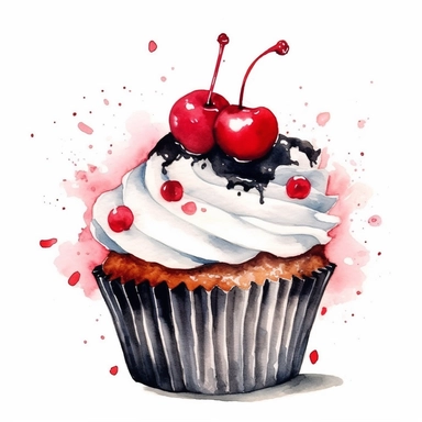 whimsical watercolour clip art individual red and black coloured cupcake - Image #2 <@1098423716465102849>