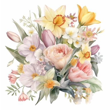 A charming clipart of a bouquet of fresh spring flowers on a white background, painted in delicate watercolors and pastel tones. The bouquet is filled with a variety of spring flowers such as tulips, daffodils, and cherry blossoms. Each flower is beautifully detailed, with soft color tones that blend harmoniously into the overall image. The pastel tones evoke a sense of freshness and rebirth associated with spring, making this image perfect for any design project that calls for a touch of nature