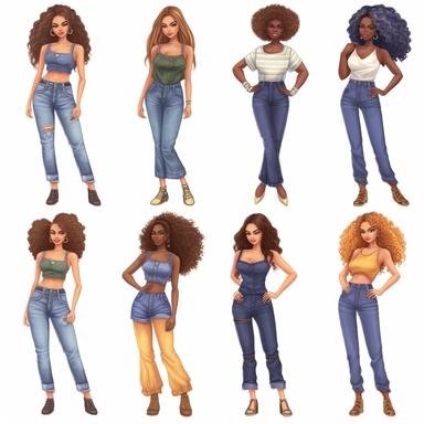 Denim girl clipart, Denim clipart, Fashion girl clipart, wearing denim shorts, brown leather sandals, Jeans Girl Clipart, African American clipart, Afro girls clipart, Clipart, ultra realistic, hand drawn,wearing the white crop tops, all with beautiful bright smiles, Full body. Clothing line, retail fashion, 2023, fashionnova, African american, mid sized models. Highly detailed. very attractive, glamorous, make up beautiful, gorgeous, glowing make - up. full body and heels. multiple outfits. ind