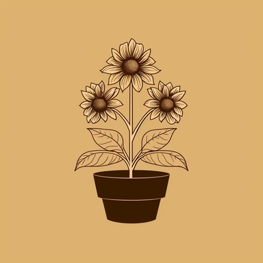 sunflower in a pot, lineart Clipart style on a brown background, minimalist style