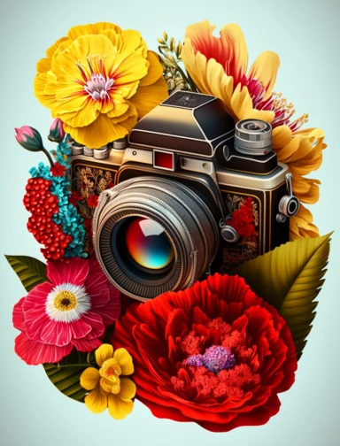 an old fashioned photo camera, 1 photo lens only, surrounded by an intricate arrangement of dramatic extravagant digital 3D red peonies and yellow tiare, in the style of large-scale photography, lush detailing, cartoon style, playfully intricate, made of flowers, bloomcore, tropical ambiant, 8K, clipart, clear background