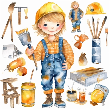 Watercolor collection clipart boy construction worker cute childish neutral colors on white background