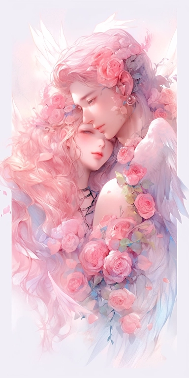Water color beautiful wild roses fantasy art, Soulmates, couple, with beautiful face and perfect eyes with flowers, angel wing, chibi kawaii animated style, vivid vibrant colors, intricate detail, hyper detailed, hyper quality, 32K, unreal engine, isolated on white background, kawaii, clipart
