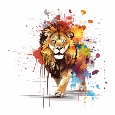 lion with crown whole body walking, growling, paint splash clipart in white background