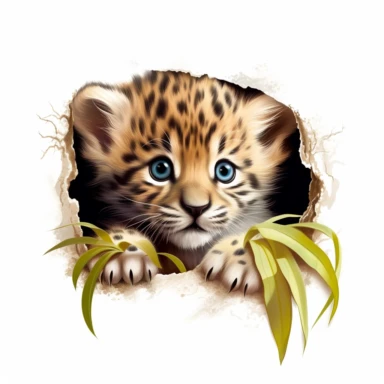 cute leopard cub, peeking out from a hidden spot, eyes filled with mischief, bold colors, clipart, on a white background