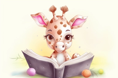 a cute baby Giraffe, reading a book, Clipart, strybk, full Illustration, watercolor nursery art style 4k, sharp focus, watercolor, smooth soft skin, symmetrical, soft lighting, detailed face, concept art, pastel colors, watercolor nursery art style, strybk, children's style fairy tales, Chibi kawaii, . Octane rendering, 3d. Perfect face, detailed face, delicate face, detailed eyes. Craig Davison, Aubrey Beardsley, Conrad Roset, Aikut Aidogdu, Agnes Cecil, watercolor style