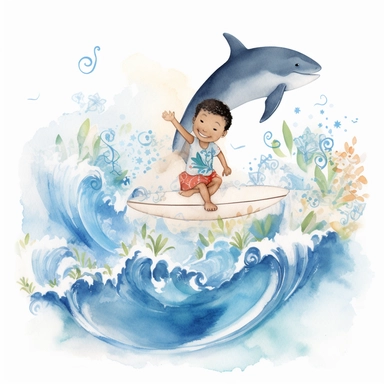 watercolour, adorable, me and the Sea: features an adorable little polynesian boy surfing with dolphins. He is 4 years old, The positive affirmation could be I am confident in my ability to explore the world around me, clipart style
