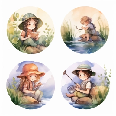 Watercolor boho fishing near a beautiful stream, illustrations clipart set, simple, soft colors, cartoon elements, different variants, cute little boy and girl fishing, separate elements with a margin