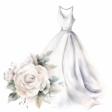 watercolor elegance Wedding dress clipart, with white roses, charming jewelry, hd, isolated on white background, space out