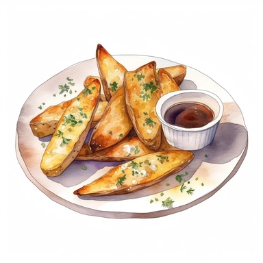Watercolor detailed illustration ofPotato wedges served with dipping sauce on a plate, clipart, white background