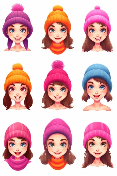 cute girl with beanie fantasy set of clipart on white background