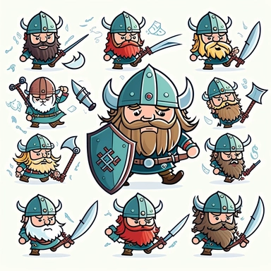 10 cute barbarian soldier army on viking ship stickers collection, clipart design, cartoon, 4k, white background
