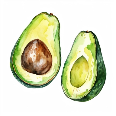 Illustrate a bright watercolor clipart illustration of two avocado halves, with the pit removed , watercolor, vector, contour, white background.