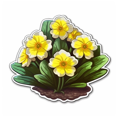Isometric Sticker Clip Art of Primula Flower, Primroses, in grass, children friendly, illustrated in a realistic style, perfect for any special occasion, cut out in the shape of Primula Flower, with no visible background, giving it the appearance of a sticker, conveying a mystical and whimsical mood, edited with Adobe Photoshop to adjust brightness and contrast, rendered as a transparent PNG file with a high resolution to ensure a crisp and clear image with no pixelation, suitable for various ap