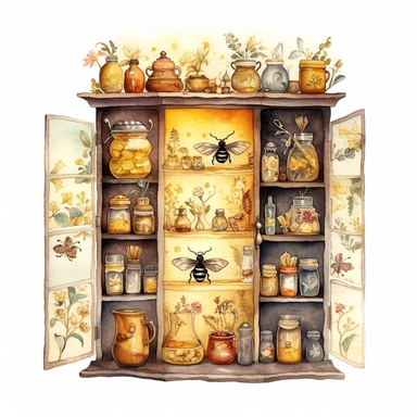 whimsical watercolour clip art curiosity cabinet with glass doors. Bee and honey themed