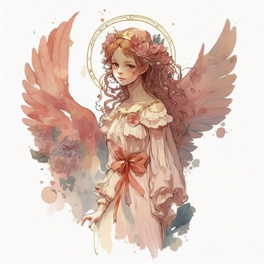 vintage angel, watercolor illustration, clip art, high-quality, Warm color palette, Pastel colors, watercolor style, Intricate details, White background, Trending on Artstation, inspired by the art of julia