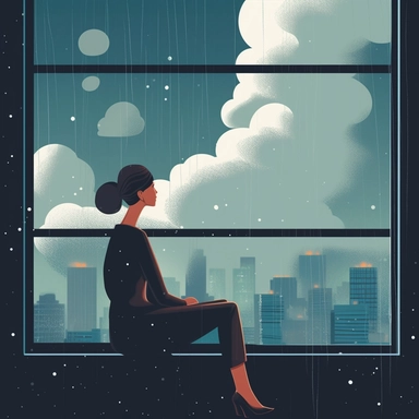 a woman who is worried sits next to a window, through the window we can see there is a storm brewing outside, do it in corporate clipart style