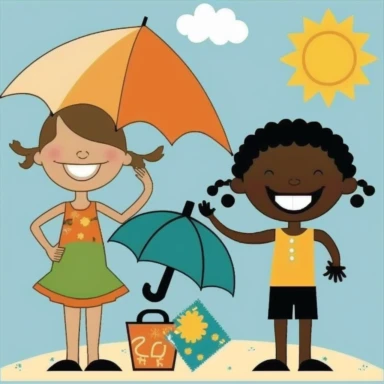 Create a collection of summer-themed clipart featuring elementary age children. Include images of black kids playing at the beach, swimming in a pool, having a picnic, playing with bubbles, flying kites, and any other fun summer activities. The clipart should be colorful, lively, and capture the carefree spirit of summer. Be sure to choose images that will appeal to young children and are appropriate for use in educational materials, such as lesson plans, worksheets, and posters The images shoul