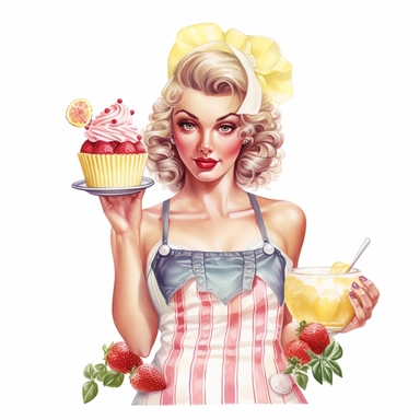 Hand drawn pin up woman, wearing a yellow bakers hat, pink and white striped apron, holding lemonade cake with lemons, with strawberries and blossoms, glamorous, half body, very detailed and realistic, watercolor, white background with margins, clipart style