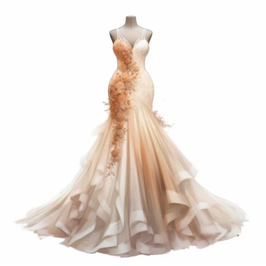 The entire bride's wedding dress on a mannequin, clipart, white background, in the style of elegant realism, muted and subtle tones, detailed painting, transparency and lightness, light orange and dark bronze