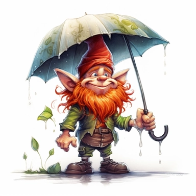 Cute Adorable magical little Goblin with a cylinder hat and a red beard holds laterally a umbrella in his hand wears a raincape and stand in the rain on a country road, clipart, photorealistic illustration, watercolor, high detail, 8k polished, 8k, vibrant colors, white background