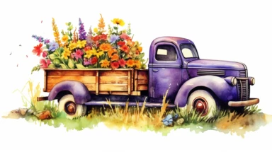 Wildflower Truck Clipart in watercolor, white background, nothing else in the background, masterpiece, close to perfection, rich colors, 32k, HDR,