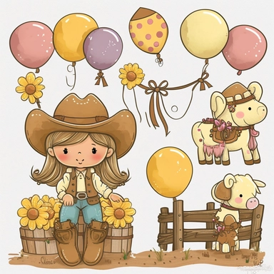 cute cartoon drawing, a garland of balloons ,pastel cute little Cowboys Clipart, sweet little girl Cowgirl Clipart, Cowboy Clip Art, Wild West Clipart, Sheriff Clipart, Western Clipart, Western Cowboy, sunflowers, a wooden cart, cute horse riding , wooden