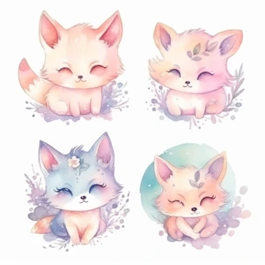 watercolor clipart of an adorable cute baby fox sleeping in the moon wearing nice clothes, different lateral standing poses, perfect both ears and hands, different colors, a few flowers decor, cute cartoon animal
