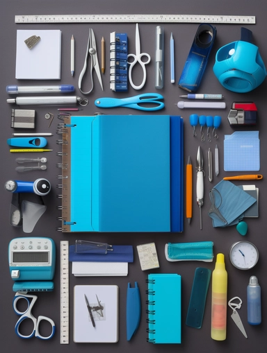 knolling photography of stationery, knolling, a big blue notebook in the center, Pencil, pen, eraser, penknife, notebook, mouse, book, water glass, calculator, student ID, alarm clock, markers, watercolors, crayonsScissors, utility knives, post-it notes, paper towels, paper clips, staplers
