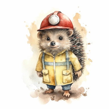 vintage watercolor illustration of cute cartoon hedgehog fireman, standing, wearing clothes, clipart, full-body shot