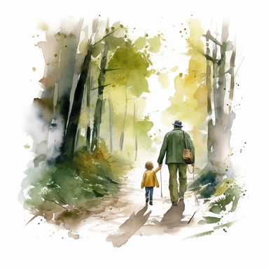 fathers day, watercolour clipart, grandfather and doughter, walk in forest