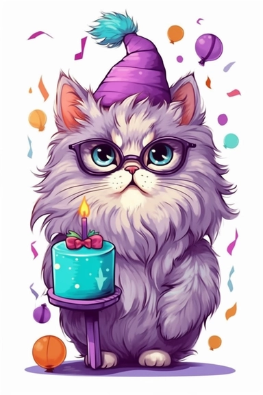happy birthday party clipart for card print, cute persian kitten with glasses illustration, hallmark 1950s style png vector isolated on white background