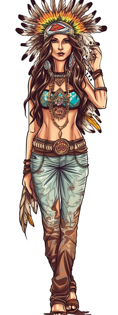 woman in standing fashion pose clipart, Bohemian, exotic, brown eyed and brown haired woman with a colorful indian chief headdress with long feathers on her head, standing fashion pose with cowboy boots, lotus choker, large earrings, tattoos, hands in prayer, wearing her heart on her sleeve, watercolor illustration, in th e style of Job ID: 604300f4 - 6984 - 4a9a - aa16 - 00313a985d77 Seed: 1300855054