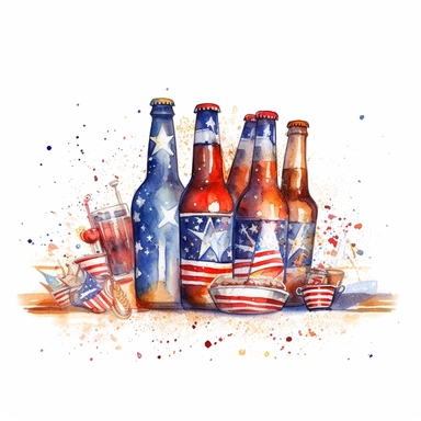 Fireworks, shades of American flag, patriotic, beers, celebration, aquarelle, clip art illustartion