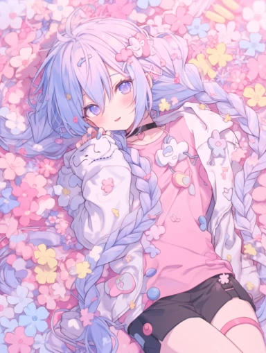 laying down in flowers, anime girl, long purple ponytails with blue highlights, dark pink eyes, blushing, oversized grey hoodie, hair clips, thigh highs, stockings, pearl necklace, choker, antenna, purple hair, dark pink eyes, pink eyes, red eyes, shorts, pastel, mischievous