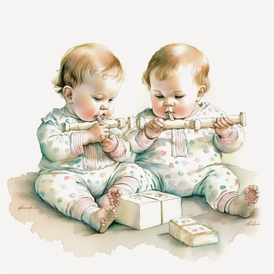 white infant twins, on a fluffy carpet-- holding letter blocks, in watercolor-- clipart