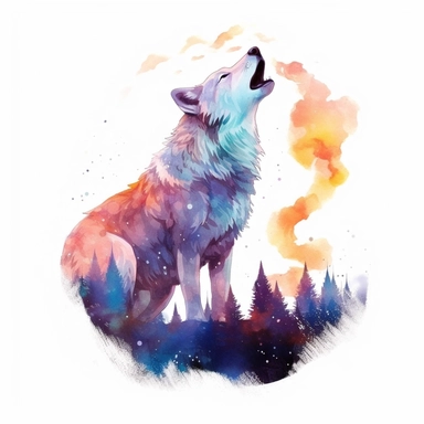 watercolor illustration of a beautiful and cute Wolf howling at the moon in nature Double exposure clipart, in the style of realistic watercolor paintings, realistic, detailed, bright colours, white background, clipart, detailed