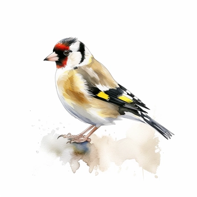 An enchanting watercolor clipart illustration of a European Goldfinch bird, set against a pristine white background. The artwork portrays the bird's vibrant and eye-catching features, with its bright yellow plumage beautifully contrasted against touches of black, white, and red. The watercolor technique adds a soft and ethereal quality to the illustration, with delicate brushstrokes that create a sense of movement and lightness. The European Goldfinch is depicted in a natural pose, capturing its