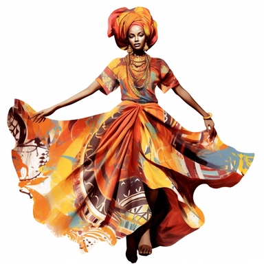 Fashion girl African American illustration clipart isolated white background, wearing a flowing traditional African dress with colorful prints and patterns, on a stark white background, expressing a sense of cultural pride and elegance, Digital Art, vector-based design with detailed patterns and textures,