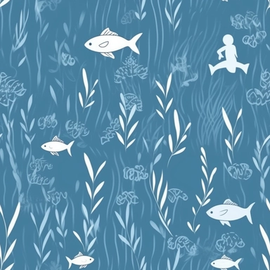 A charming minimalistic pattern for a children's t-shirt design, portraying an underwater scene filled with serene beauty. Graceful fishes of various sizes swim amidst delicate aquatic plants, while a diver explores the tranquil depths. The design features a predominantly light blue background, creating a sense of calm and tranquility. Rendered in a clean and simple clipart style, with minimal lines and subtle colors, this t-shirt design captures the essence of the underwater world in a minimali