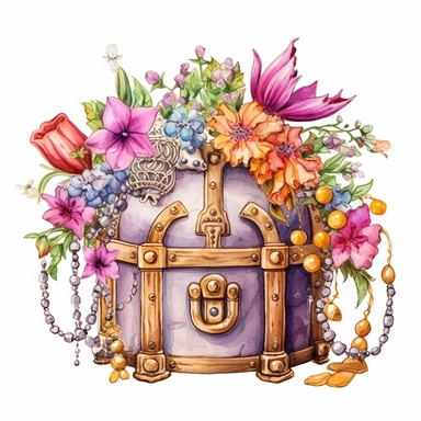 clipart, isolated on white background, Watercolor spring ornated treasure chest with jewelry and crown, detailed, flowers and plants, ornated, pastel colors