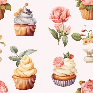 Draw a watercolor-style clip art images that feature objects related to an aesthetic adorned with floral designs. The images should have aesthetic, and should incorporate elements such as watercolor [gold] cupcake item collection, isolated on a white background, gourmet, classy, simple, graphics, clipart, procreate, 8k, 3D, realistic ipated with floral leaf designs, in the style of organic forms, muted tones, victorian-inspired illustrations, taxidermy, intricate patterns and details, ingrid baa