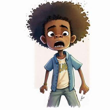 son of Draymon, 7 year old black man, illustration for children's book, character expression sheet, happy, surprised, sad, mad, excited. 7 years old, curly black and gray faded flat top afro, large eyes, wearing blue jeans, yellow shirt, brown shoes, Watercolor Clipart, strybk, full Illustration, 4k, sharp focus, watercolor, smooth soft skin, symmetrical, soft lighting, detailed face, watercolor style, strybk, Octane rendering, 3d. Perfect face, detailed face, delicate face, perfect round lips, 