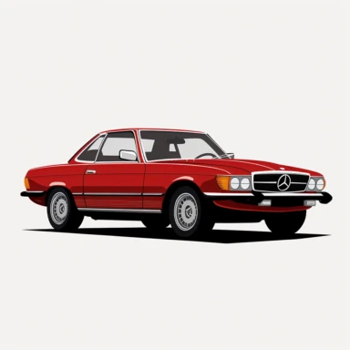 A simplified, clipart-style representation of the 1975 Mercedes-Benz 450SL, captured in its striking Brilliant Red. The vehicle's iconic rounded shape and signature hardtop are elegantly represented through basic geometric shapes. Set against a crisp, white background, the car's vibrant color and classic silhouette are showcased.