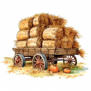 a hay wagon full of bales of hay on an autumn day, autumn colors on a white background, clipart,