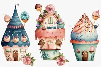 Very cute and Whimsical cupcake houses, colorful, Watercolored illustration, clipart, white background