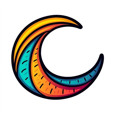 very simple yet funky clipart comic image of a 60s style colorful quarter moon on a white background