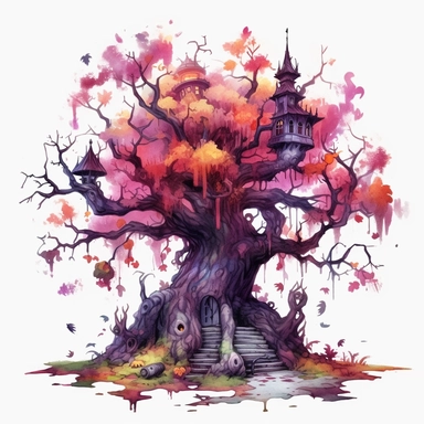Highly detailed watercolour clipart, haunted tree, spooky, halloween, fantasy, highly detailed, fantasy cartoon illustration, whimsical, UHD, 8K, 3D, solid white background