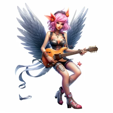 a beautiful fairy dressed as a rock n roll rock star, big wings, clipart, full body image, hyper realistic,